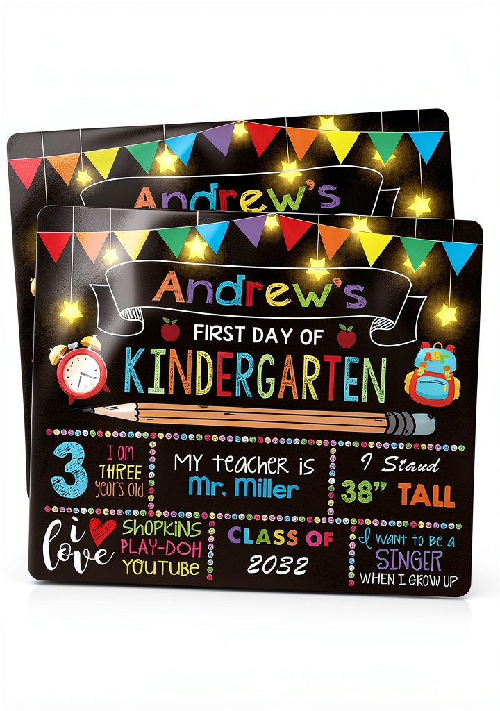 Child writing on the colorful first day school board