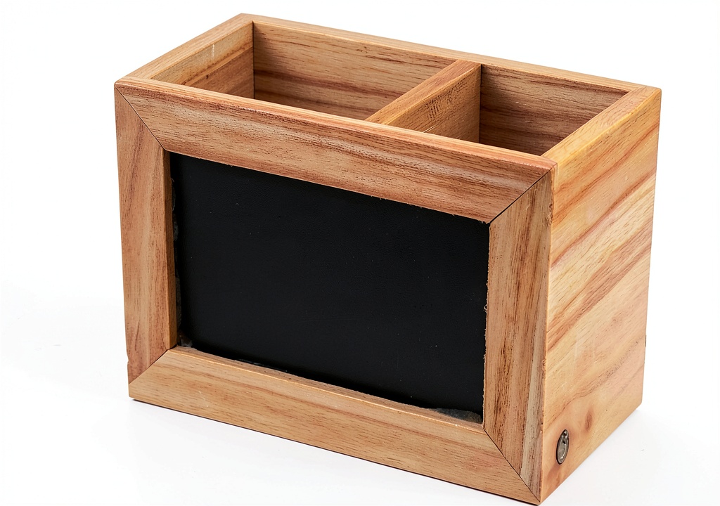 Homeford reusable wooden stationery box on a polished desk, showing chalkboard surface and interior compartment