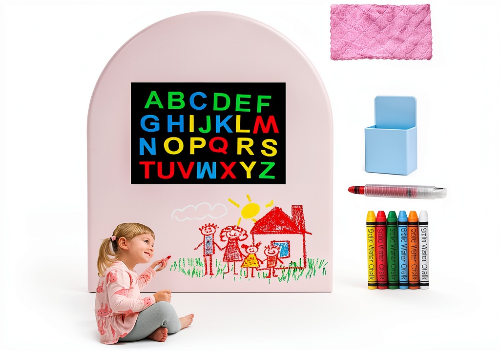 Child drawing on pink magnetic chalkboard wall decal