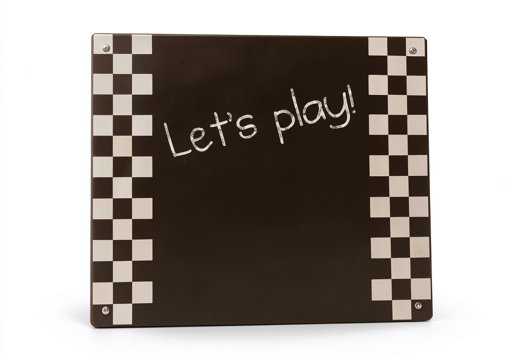 Child using Gorilla Playsets metal chalkboard on a wooden swing set
