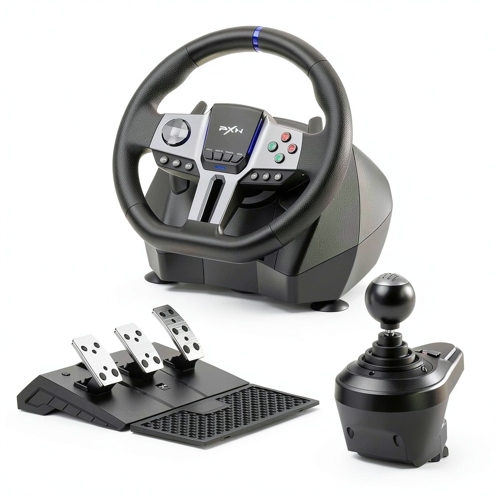 PXN V9 GEN2 racing wheel on a gaming desk