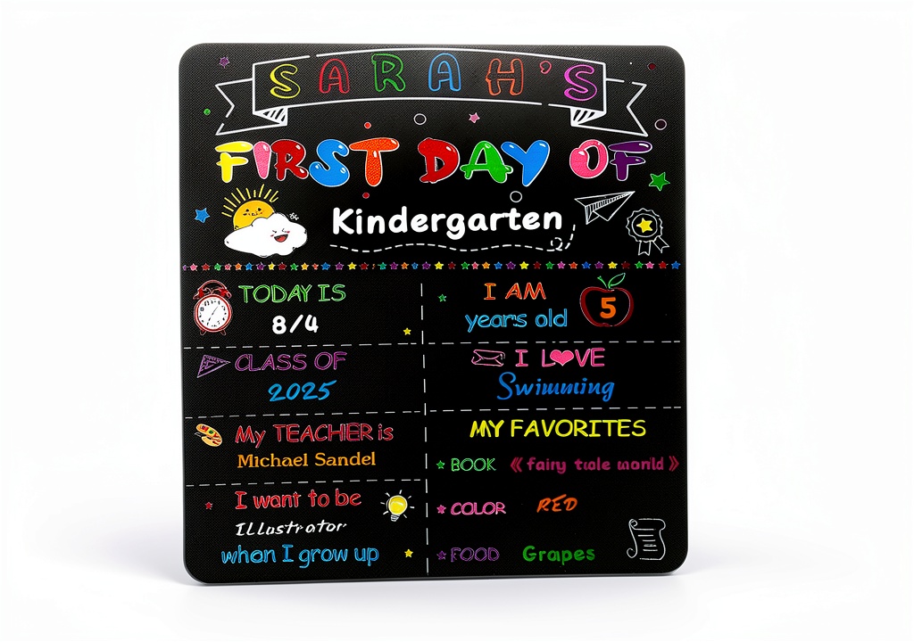 Child holding the Libemskix school chalkboard during a first‑day photo